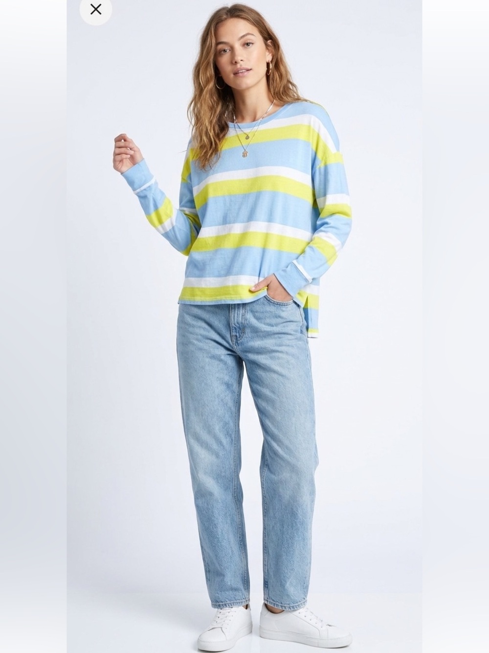 Abound Crewneck Long Sleeve Top Blue, Yellow & White Striped Small Cotton